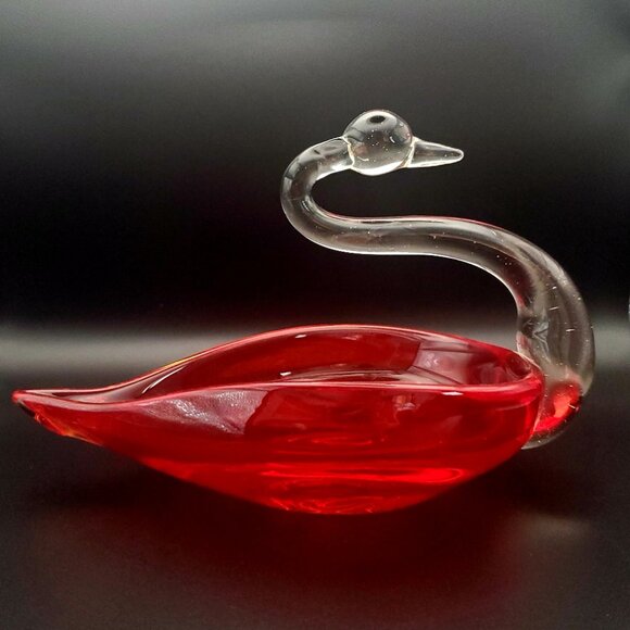 Elegant Murano Style Red Glass Swan Trinket Dish Decor Collectible Vtg Handblown - Picture 3 of 7